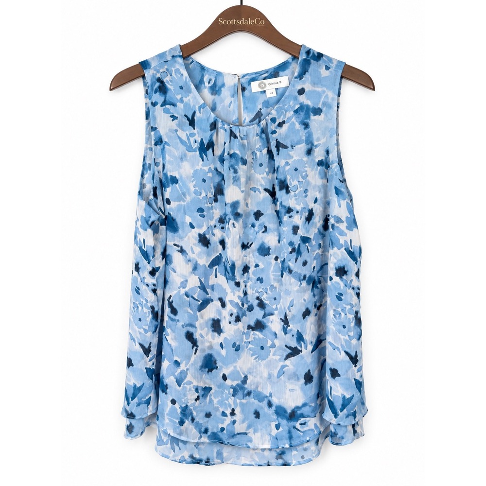 Cristina B Blouse Womens L Blue White Floral Sleeveless Pleated Layered Chiffon